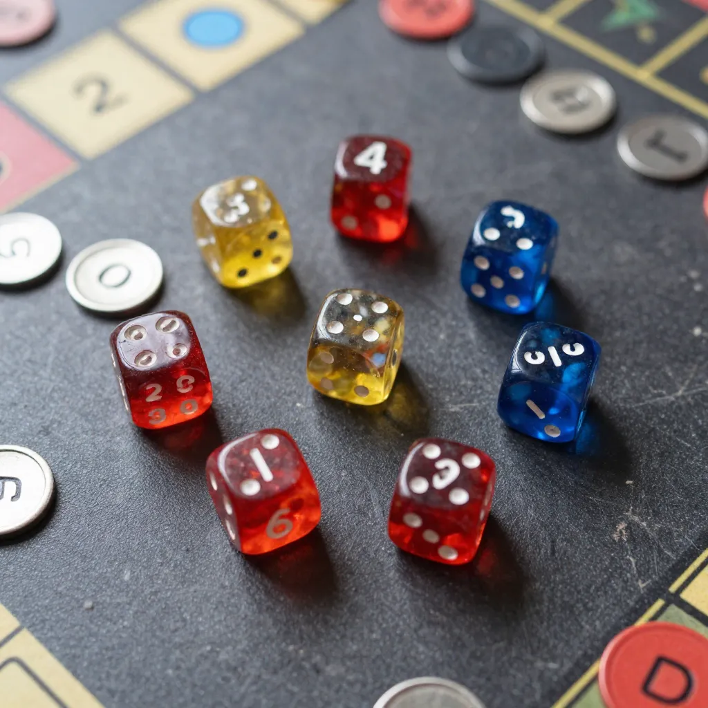 Colección de dados y accesorios organizados